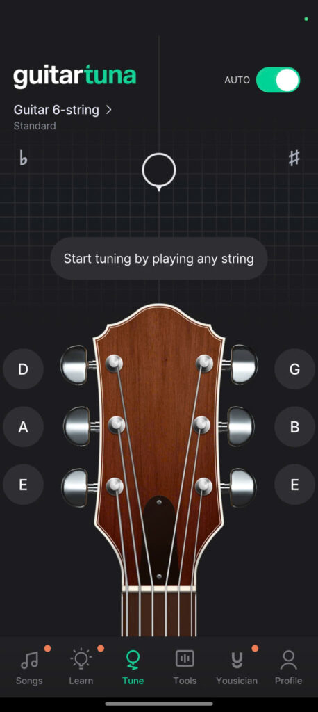 Màn hình chỉnh dây đàn guitar bằng app điện thoại